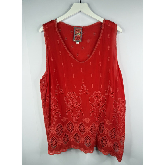 Johnny Was Luanna Eyelet Top Women's XXL Red Boho Romantic Sleeveless Tank - Picture 1 of 8